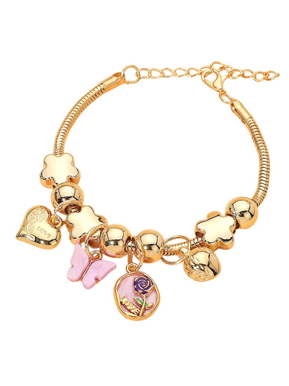 Gold-Tone Charm Bracelet with Pink Enamel Accents